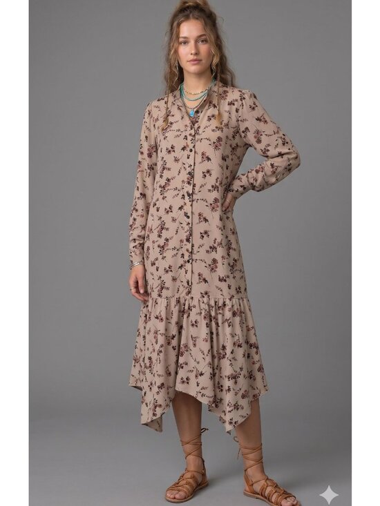 Begonia Dresses & Skirts - Begonia Puff Long Sleeve High Neck Floral Print Hi-Low Dress Beige Womens Small